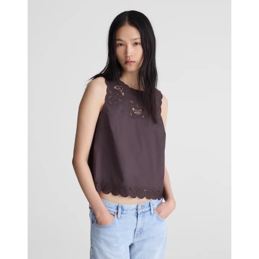Madewell Embroidered Shell Top in Poplin Brown plum Eyelet Scallop XS